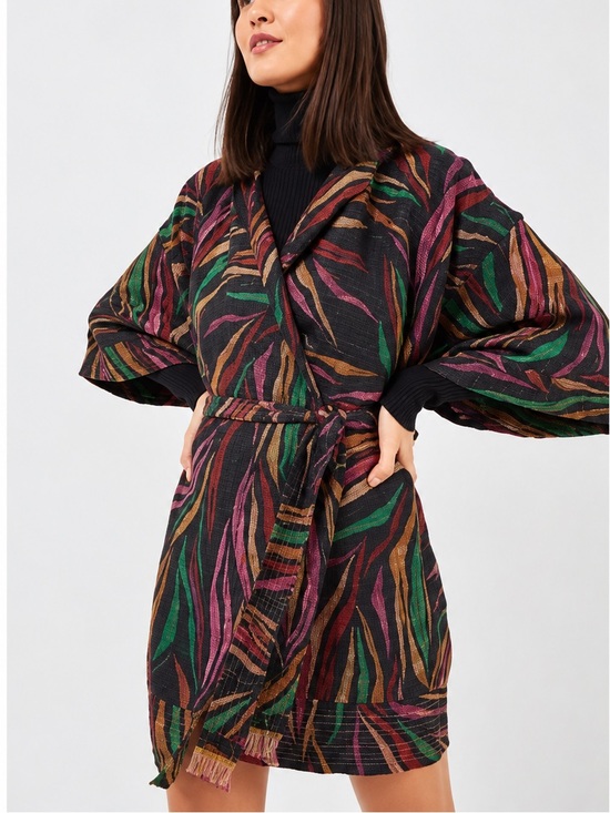 FARM Rio Dresses & Skirts - NWT FARM RIO Black Shiny Multicolor Leaf Print Mini Wrap Dress Size XS